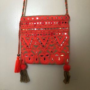 Star Mela Pink and Mirrored Boho Bag with Tassels